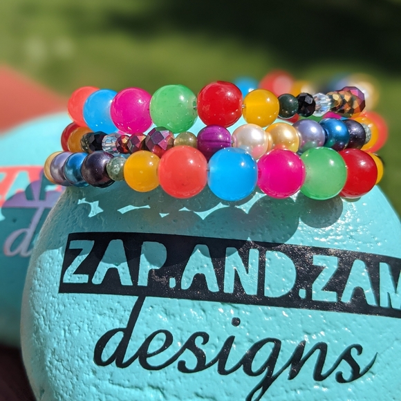 Jasper Beads Bracelet Colorful Rainbow Handmade Memory Wire Jewelry Bright Color - Picture 11 of 11